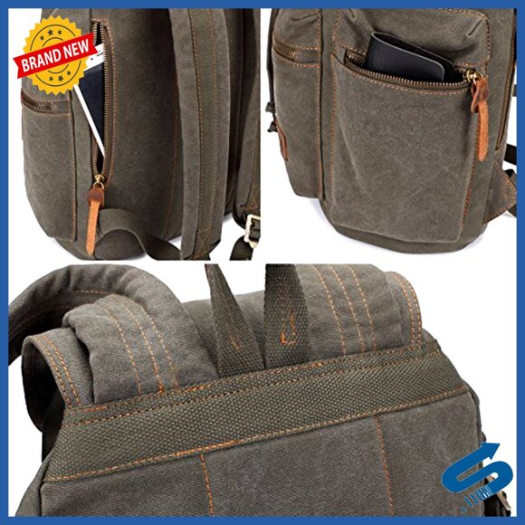 Vintage Canvas Backpack Leather Trim Casual Daypack Laptop Travel Rucksack main image 5